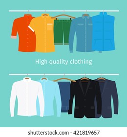 Clothes on hangers. Mens clothes in flat style vector illustration