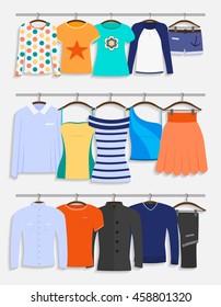 Clothes on hangers. Men`s, women`s and teenager`s clothes in flat style vector illustration