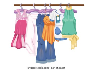 Clothes on hangers. Women s and teenager s clothes in flat style vector illustration