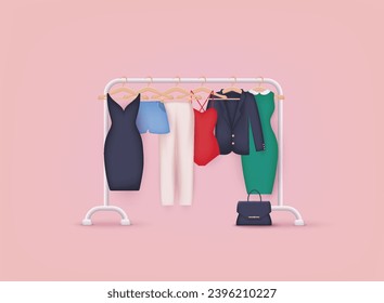 Clothes on rack. Closet wardrobe. Commercial concept for store, showroom, exhibition. 3D Web Vector Illustrations.