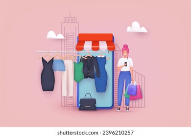 Clothes on rack. Online shopping on application and website concept. Commercial concept for store, showroom, exhibition. 3D Web Vector Illustrations.