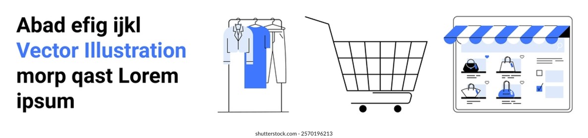 Clothes on a rack, shopping cart, and e-commerce web interface. Ideal for online shopping, fashion retail, e-commerce, digital marketing, and technology themes. Banner for landing page