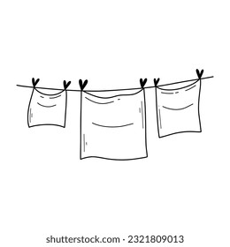 Clothes on a rope in doodle style. Vector illustration. Clean clothes dry on a line.