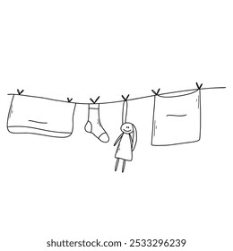 Clothes on a rope in doodle style. Vector illustration. Clean clothes dry on a line.