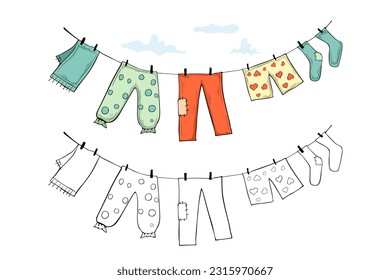 Clothes on a rope. Vector illustration isolated on white background
