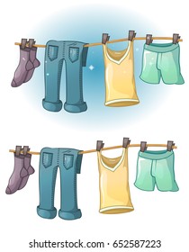 Clothes on a rope, washing of adult clothes- pants, shorts, jeans, a T-shirt, clean clothes, freshness