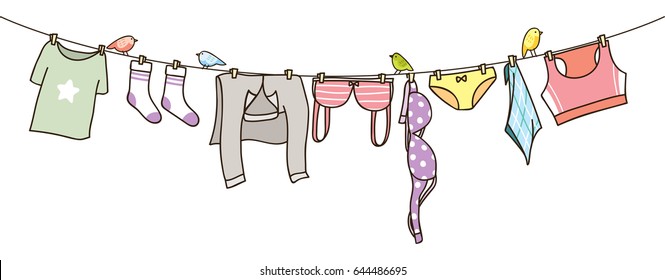 Clothes on washing line isolated on white background 