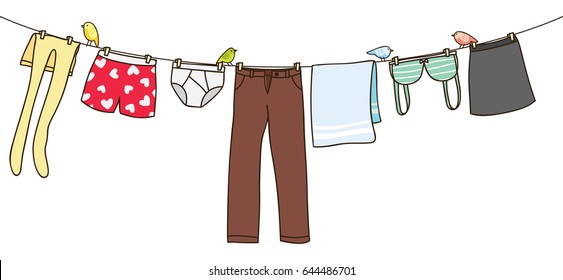 Clothes on washing line isolated on white background 