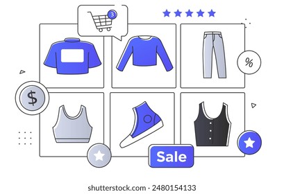 Clothes at online shop concept. Electronic commerce. Home delivery and shopping on internet. Sale, discount and rebate. Linear flat vector illustration isolated on white background