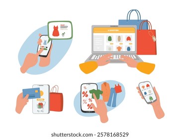 Clothes online shopping set with customer hands holding smartphone and using laptop to make order and buy new trendy fashion outfit on internet via wireless payment technology vector illustration