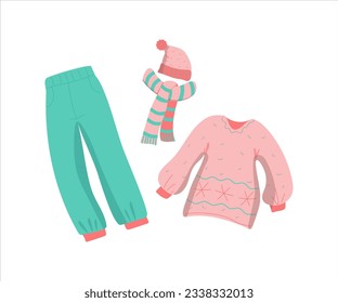 Clothes for the outdoors and at home. Set, Warm hat with scarf, sweater and pants. Autumn, winter season. Women's sweater. Vector illustration on white isolated background.