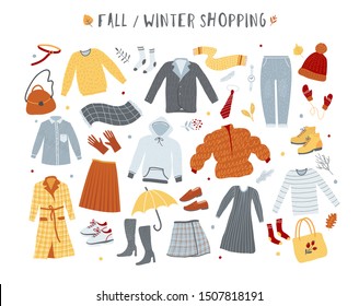 Clothes and outerwear collection,  fall and winter fashion, shopping concept illustration. Hand drawn vector poster. 