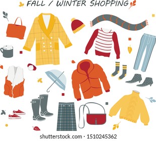 Clothes and outerwear collection, fall and winter fashion, shopping concept illustration. Hand drawn vector poster.