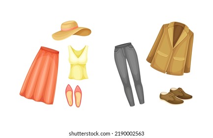 Clothes Outfit and Fashion Modern Casual Look with Trendy Garment and Footwear Vector Set