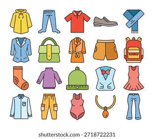 Conjunto de iconos de ropa y atuendo Ilustración vectorial
