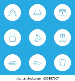 Clothes Outline Icons Set. Collection Of Half-Hose, Briefs, Sweatshirt And Other Elements. Also Includes Symbols Such As Shoes, Blouse, Tunic.