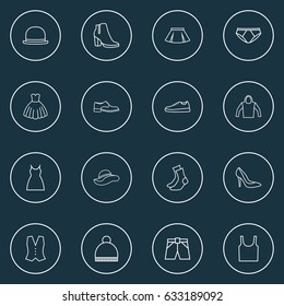 Clothes Outline Icons Set. Collection Of Gown, Shoe, Underpants And Other Elements. Also Includes Symbols Such As Underpants, Skirt, Hat.