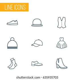 Clothes Outline Icons Set. Collection Of Half-Hose, Fedora, Pompom And Other Elements. Also Includes Symbols Such As Shoes, Ski, Foot.