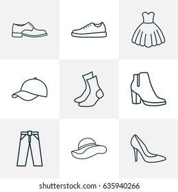 Clothes Outline Icons Set. Collection Of Half-Hose, Heels, Shoe And Other Elements. Also Includes Symbols Such As Gumshoes, Breeches, Foot.