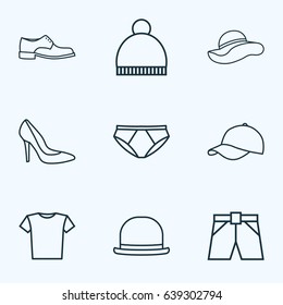 Clothes Outline Icons Set. Collection Of Underpants, Blouse, Panama And Other Elements. Also Includes Symbols Such As Headgear, Beanie, Shoe.