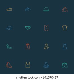 Clothes Outline Icons Set. Collection Of Sweatshirt, Shoe, Underpants And Other Elements. Also Includes Symbols Such As Blouse, Boots, Panties.