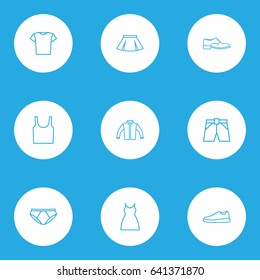 Clothes Outline Icons Set. Collection Of Briefs, Blouse, Gumshoes And Other Elements. Also Includes Symbols Such As Singlet, Wamus, Dress.