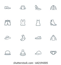 Clothes Outline Icons Set. Collection Of Panama, Gumshoes, Mini And Other Elements. Also Includes Symbols Such As Woman, Napper, Vest.