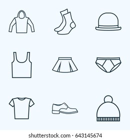 Clothes Outline Icons Set. Collection Of Mini, Boots, Underpants And Other Elements. Also Includes Symbols Such As Girl, Blouse, Underpants.