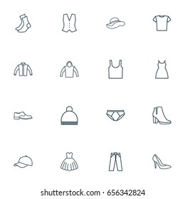 Clothes Outline Icons Set. Collection Of Boots, Gown, Blouse And Other Elements. Also Includes Symbols Such As Singlet, Headgear, Shirt.
