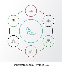 Clothes Outline Icons Set. Collection Of Cardigan, Panama, Briefs And Other Elements. Also Includes Symbols Such As Evening, Panama, Shoe.
