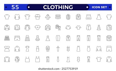 Clothes outline icons set. Sweatshirt, hoody, pullover, bath suit, jacket, evening dress, cardigan, trousers visualization vector illustration. Outline signs of fashion apparel. 
