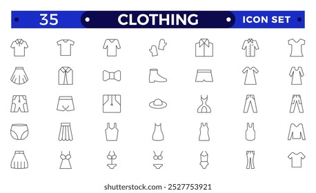 Clothes outline icons set. Sweatshirt, hoody, pullover, bath suit, jacket, evening dress, cardigan, trousers visualization vector illustration. Outline signs of fashion apparel. 
