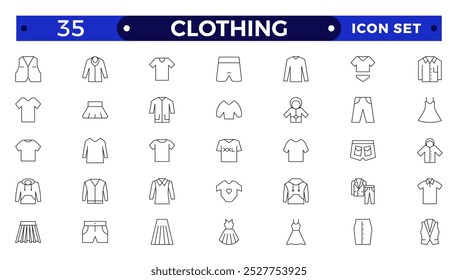 Conjunto de iconos de contorno de ropa. Sudadera, sudadera con capucha, suéter, traje de baño, chaqueta, vestido de noche, chaqueta de punto, pantalones Ilustración vectorial de visualización. Signos de contorno de la ropa de moda. 
