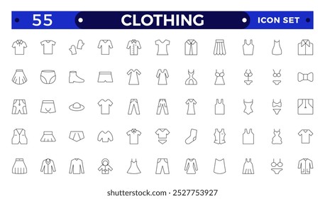 Clothes outline icons set. Sweatshirt, hoody, pullover, bath suit, jacket, evening dress, cardigan, trousers visualization vector illustration. Outline signs of fashion apparel. 
