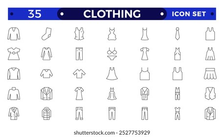 Clothes outline icons set. Sweatshirt, hoody, pullover, bath suit, jacket, evening dress, cardigan, trousers visualization vector illustration. Outline signs of fashion apparel. 
