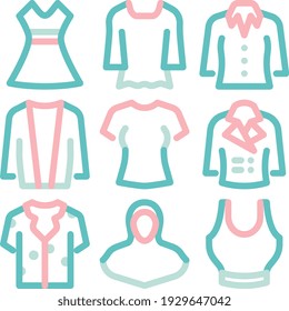 ropa de mujer contorno conjunto de iconos de estilo multicolor o paquete de iconos para presentación de aplicaciones web móviles impresión