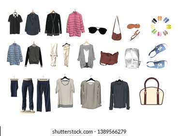 Clothes, pants, bags, jewelry With a white background