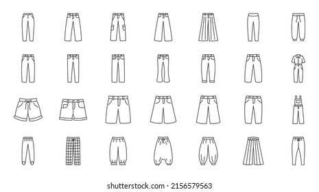 Clothes pants doodle illustration including icons - sportswear leggings, buggy, cargo, slop, bermuda, capri, stirrup, aladdin, shalwars, hakama. Thin line art about trousers apparel. Editable Stroke