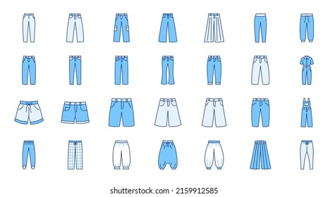 Clothes pants doodle illustration including icons - leggings, buggy, cargo, bermuda, capri, stirrup, aladdin, shalwars, hakama. Thin line art about trousers apparel. Blue Color, Editable Stroke