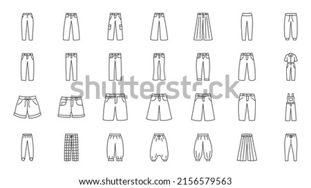 Clothes pants doodle illustration including icons - sportswear leggings, buggy, cargo, slop, bermuda, capri, stirrup, aladdin, shalwars, hakama. Thin line art about trousers apparel. Editable Stroke