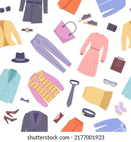 clothes pattern. casual style wardrobe accessories for male and female pants dress jacket. Vector seamless background