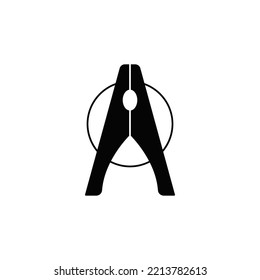 Clothes peg icon in black flat glyph, filled style isolated on white background