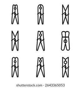 Coleção De Conjuntos De Ícones De Peg De Roupas. Prendedores de roupa simples de arte de linha preta
