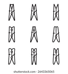 Coleção De Conjuntos De Ícones De Peg De Roupas. Prendedores de roupa simples de arte de linha preta
