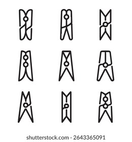 Coleção De Conjuntos De Ícones De Peg De Roupas. Prendedores de roupa simples de arte de linha preta
