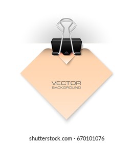 Clothes peg office. Clerical pin for paper background. Office clip with paper sticker. Clerical clerk with paper sheet