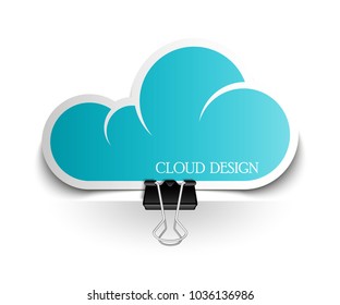 Clothes peg office cloud sticker banner shape. Clerical pin for cloud shape paper background. Office clip with paper cloud sticker poster. Clerical clerk with paper sheet sticker banner