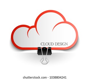 Clothes peg office cloud sticker banner shape. Clerical pin for cloud shape paper background. Office clip with paper cloud sticker poster. Clerical clerk with paper sheet sticker banner