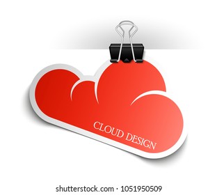 Clothes peg office cloud sticker banner shape. Clerical pin for cloud shape paper background. Office clip with paper cloud sticker poster. Clerical clerk with paper sheet sticker banner