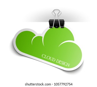 Clothes peg office cloud sticker banner shape. Clerical pin for cloud shape paper background. Office clip with paper cloud sticker poster. Clerical clerk with paper sheet sticker banner